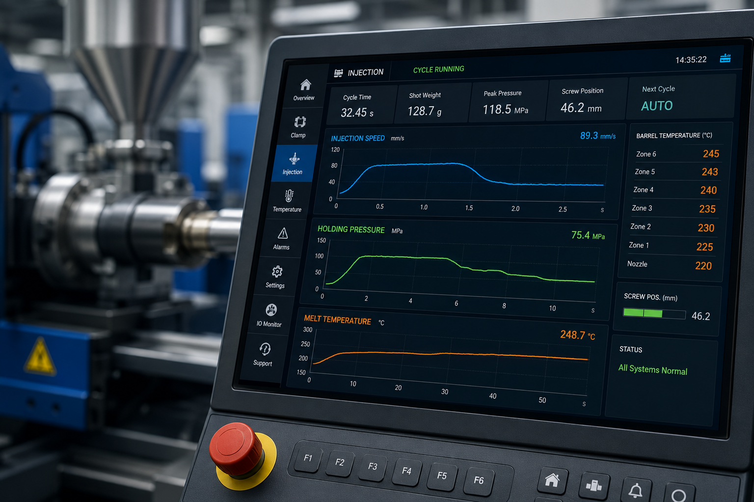 Control panel of an injection molding machine displaying pressure and temperature curves