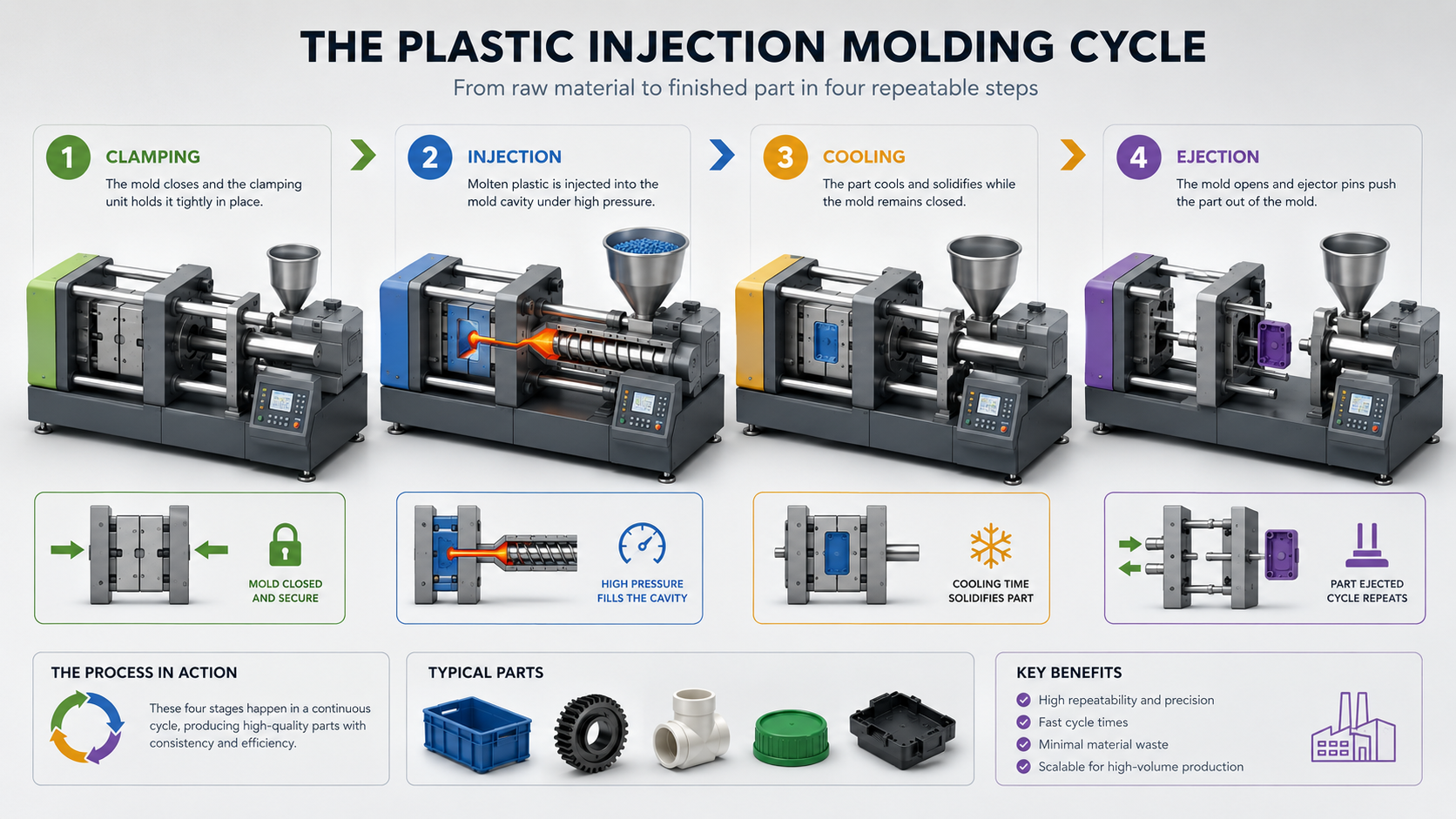 Four stages of the plastic injection molding cycle diagram