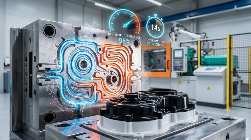 A conceptual visual showcasing advanced injection mold with glowing conformal cooling channels, high productivity gauge, and defect-free plastic component, symbolizing optimal molding efficiency.