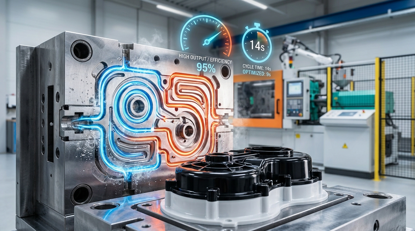 A conceptual visual showcasing advanced injection mold with glowing conformal cooling channels, high productivity gauge, and defect-free plastic component, symbolizing optimal molding efficiency.