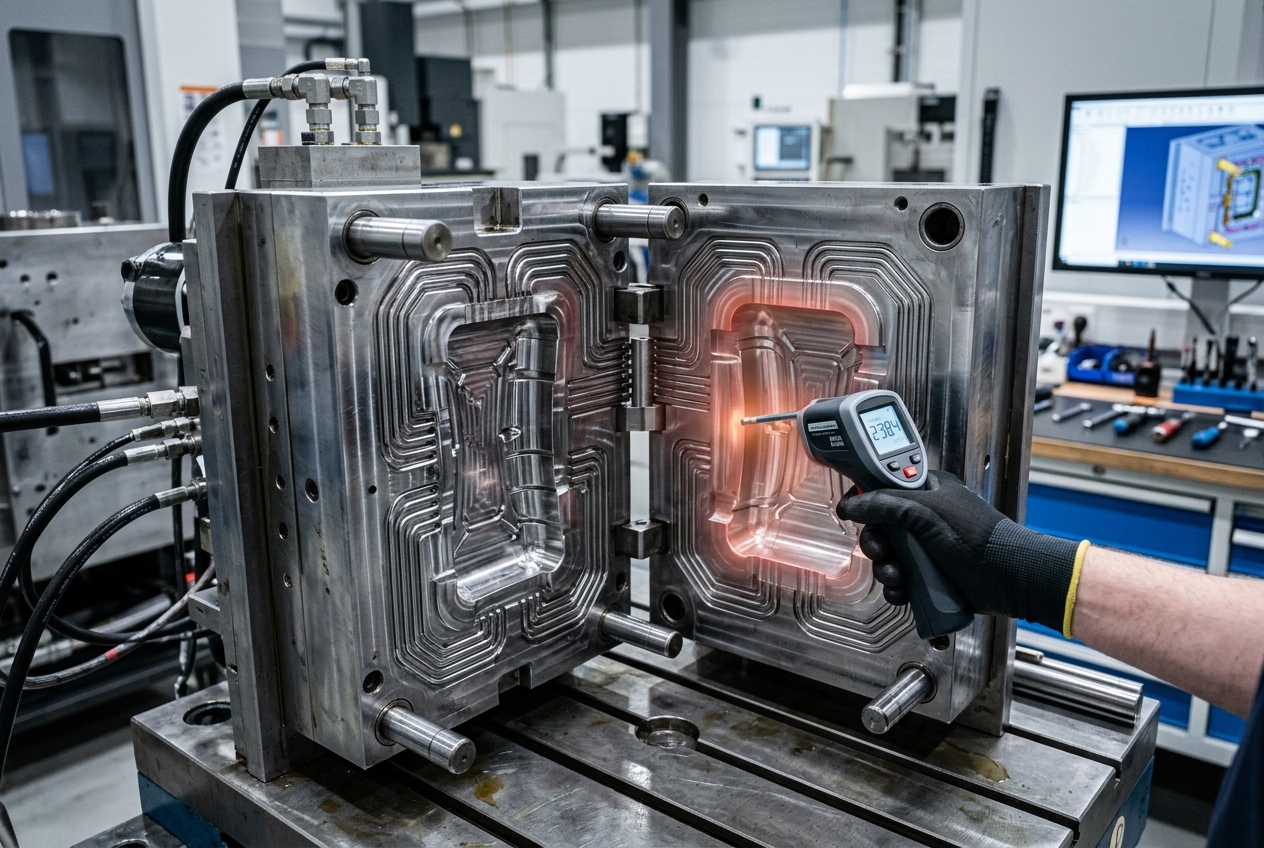 A view of an opened injection mold cavity with visible cooling channels and a glowing heat signature