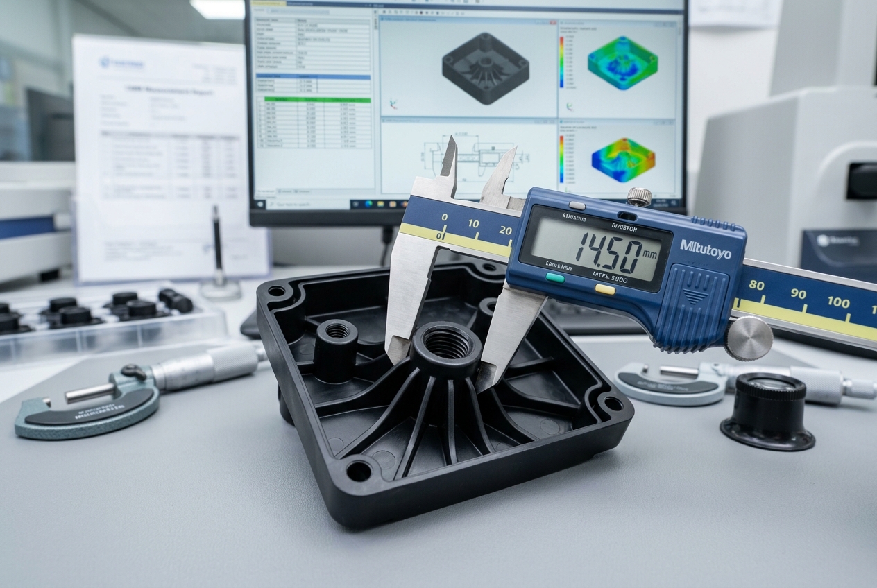 A micro-focus shot of a precision caliper measuring a plastic part at a quality control station