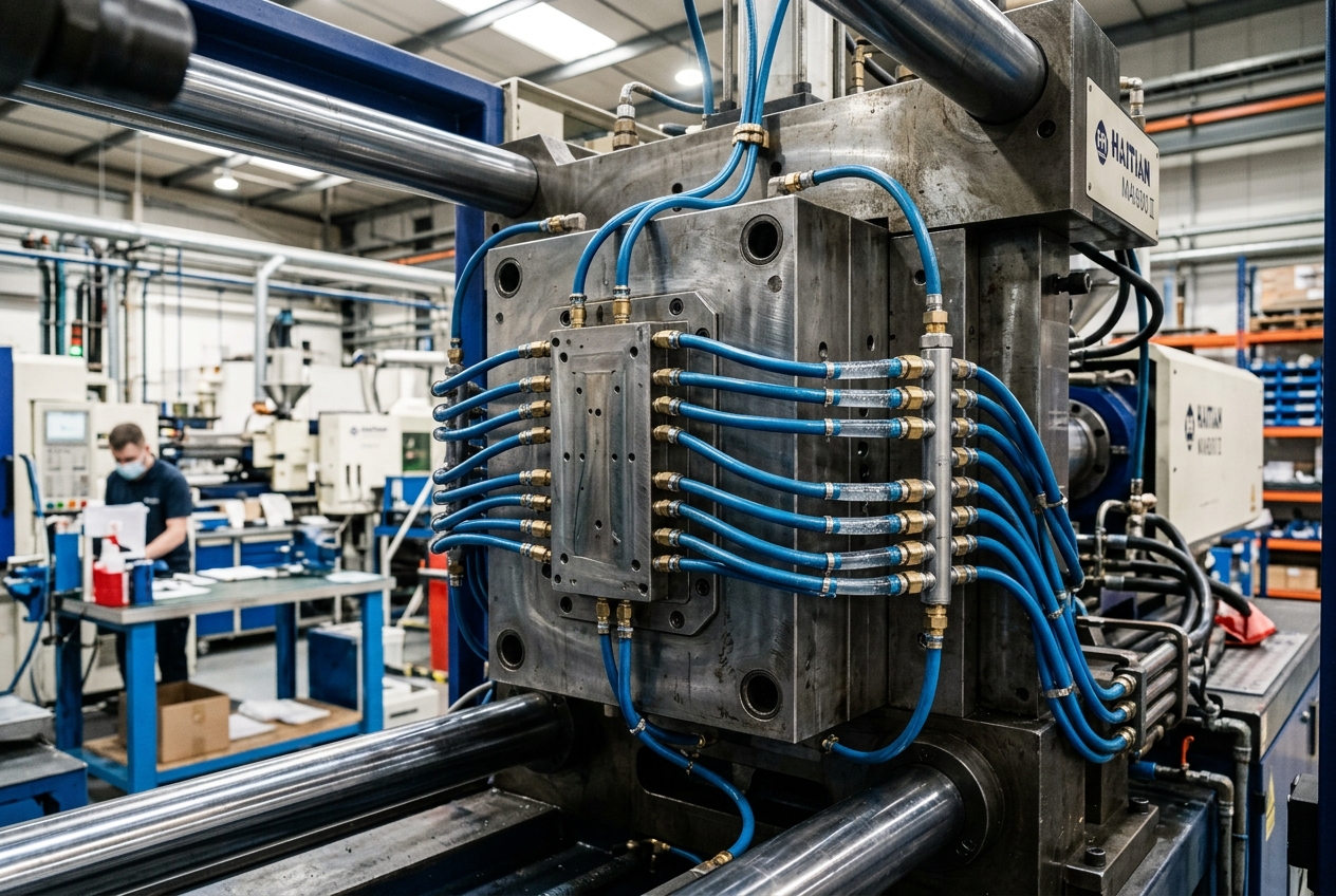 A close-up shot of a steel injection mold on a molding machine with blue cooling hoses and flowing water