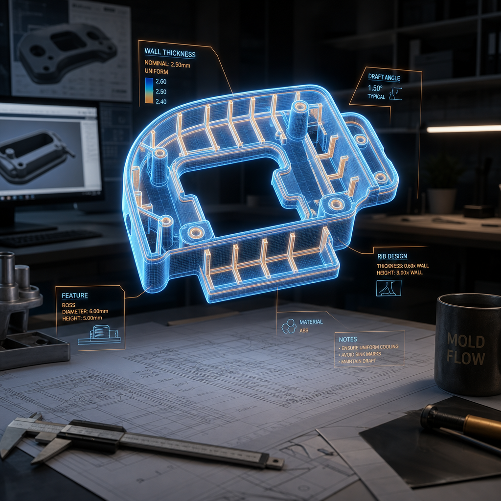  Injection molding design requirements including uniform wall thickness and draft angles