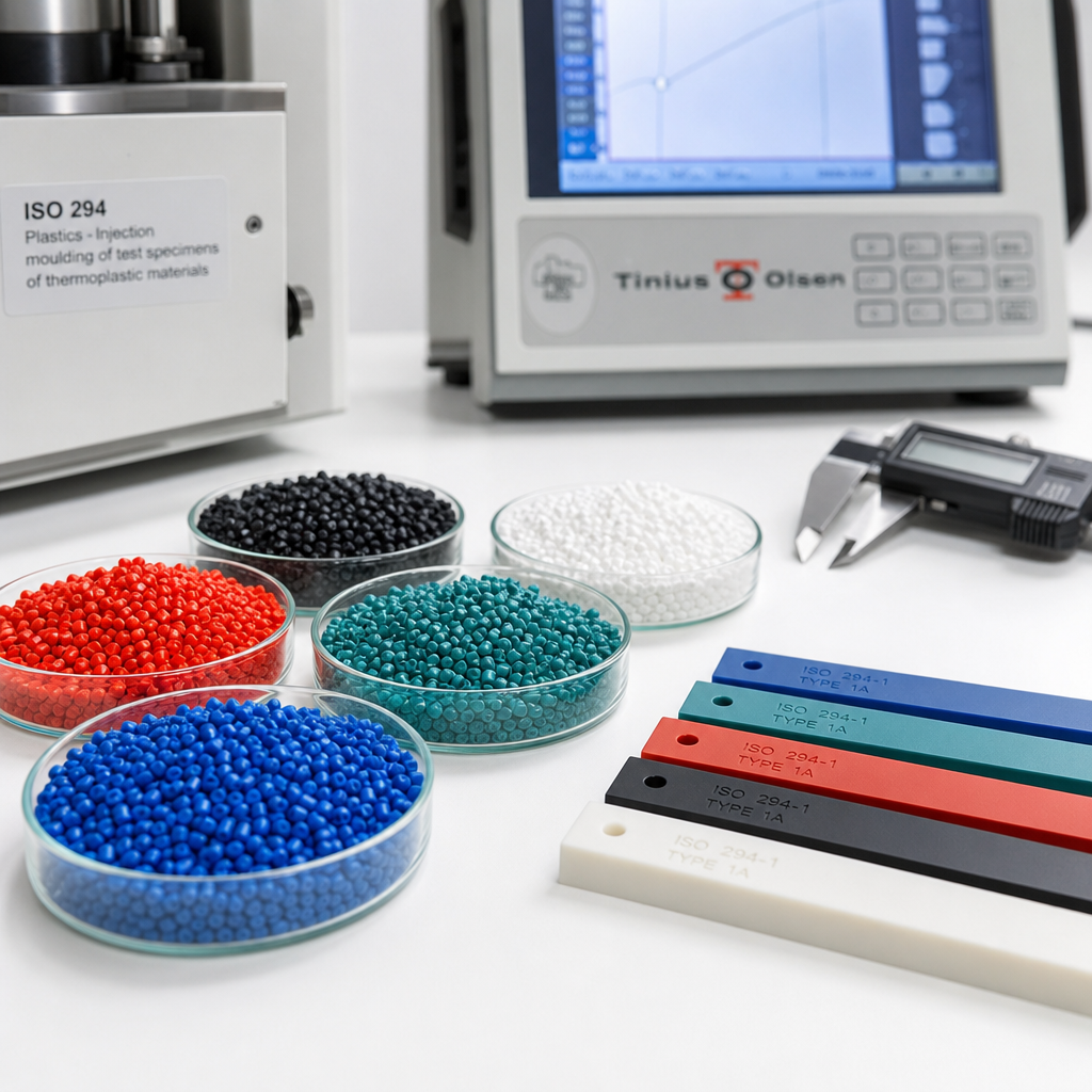 Testing plastic resin materials for ISO 294 standard compliance in a lab
