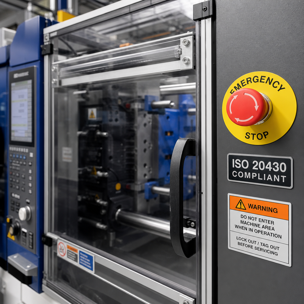 Safety gates and emergency stops on an injection molding machine per ISO 20430