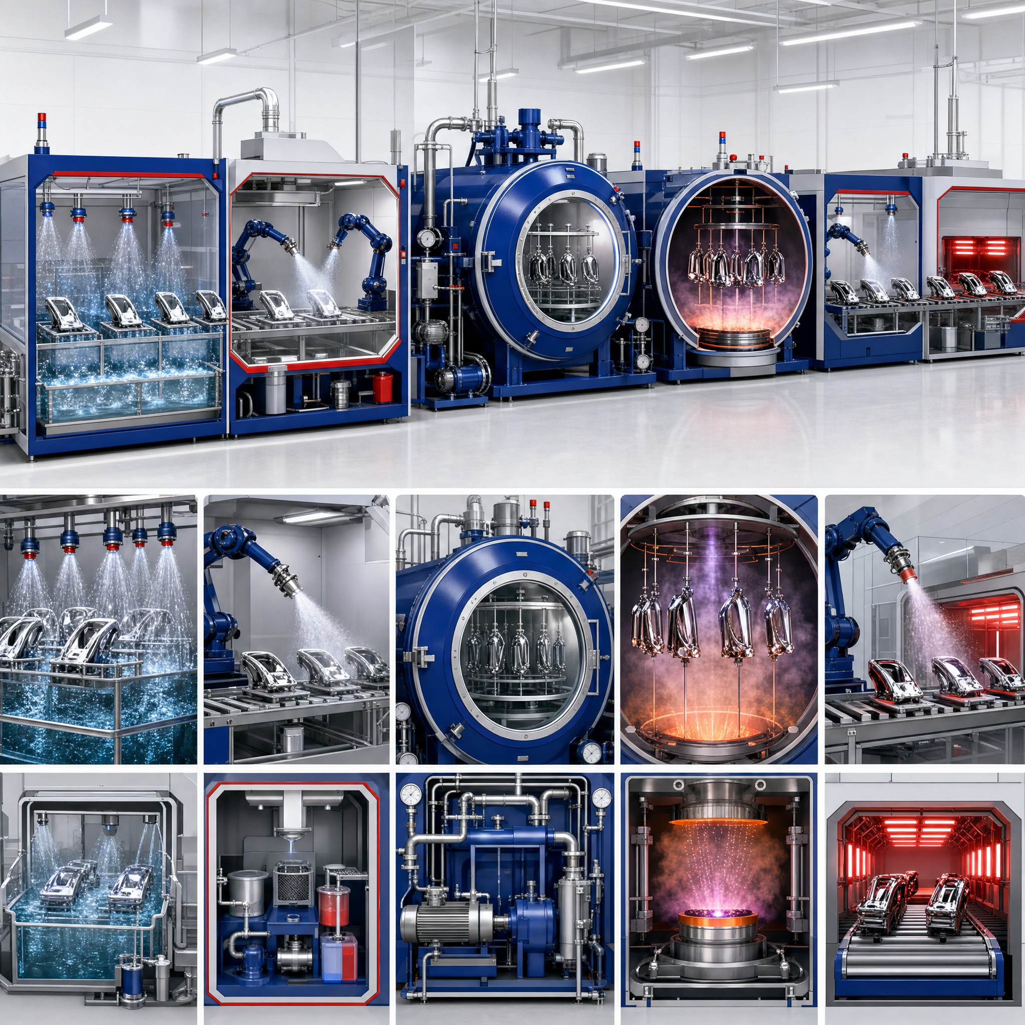 Vacuum plating process stages including cleaning, base coating, vacuum chamber, metal deposition, and top coating