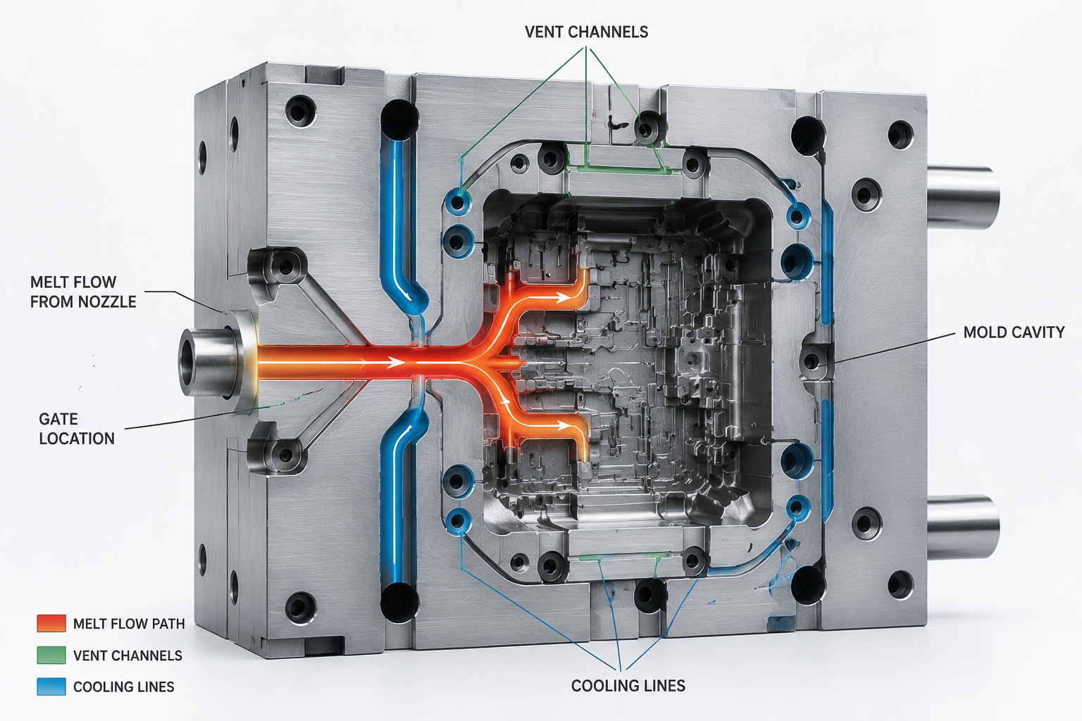 Injection mold cross-section showing gate placement venting and cooling channel layout