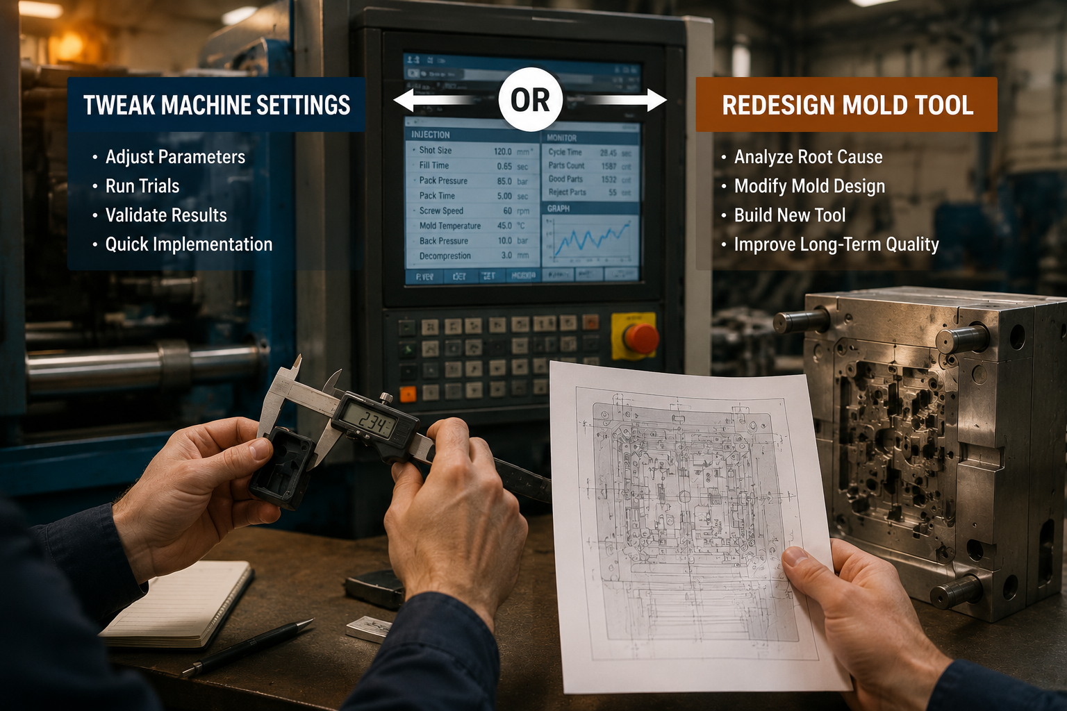 Choosing between adjusting injection molding process parameters and redesigning the mold tool