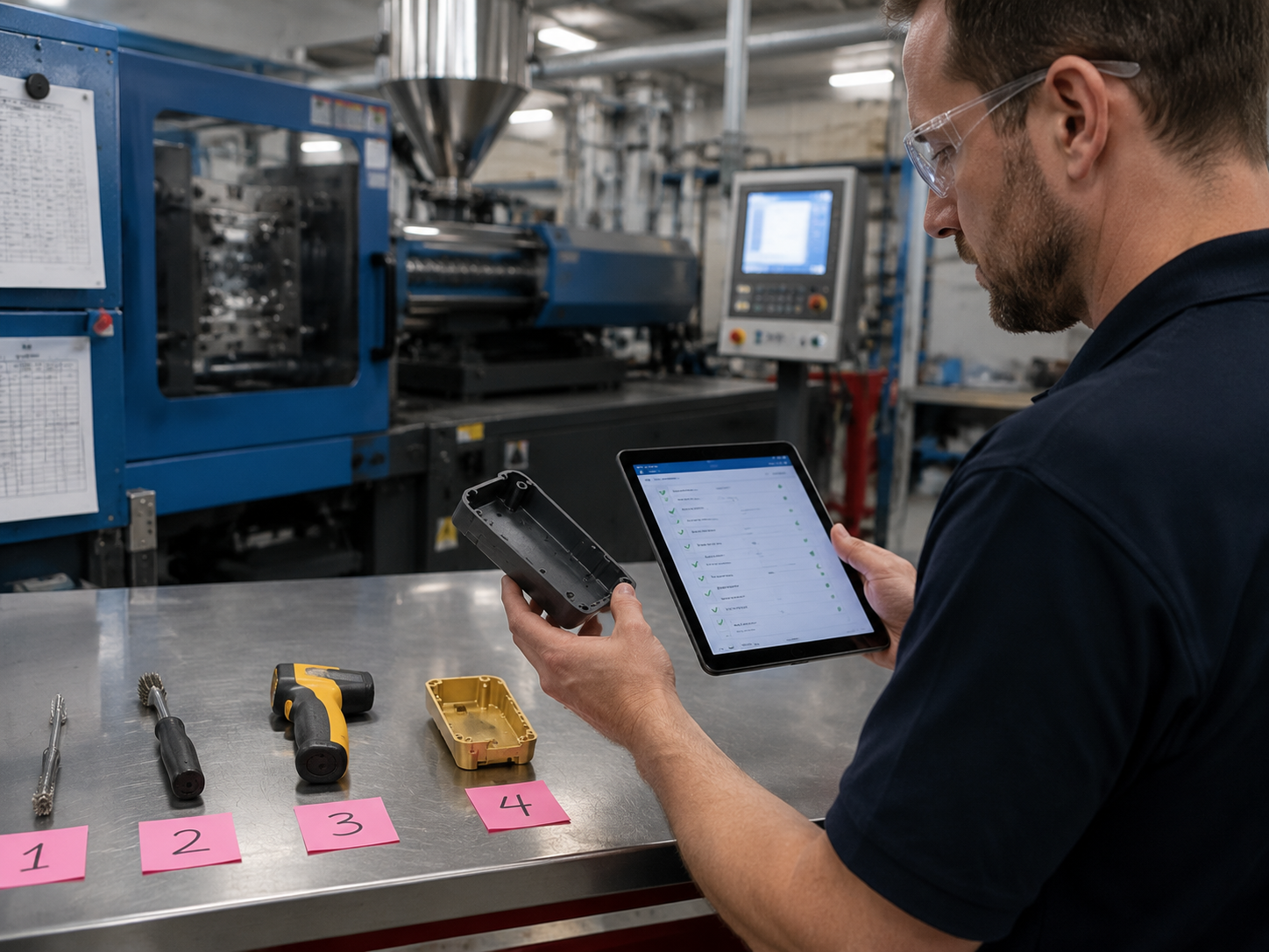 Step by step injection molding troubleshooting workflow on production floor