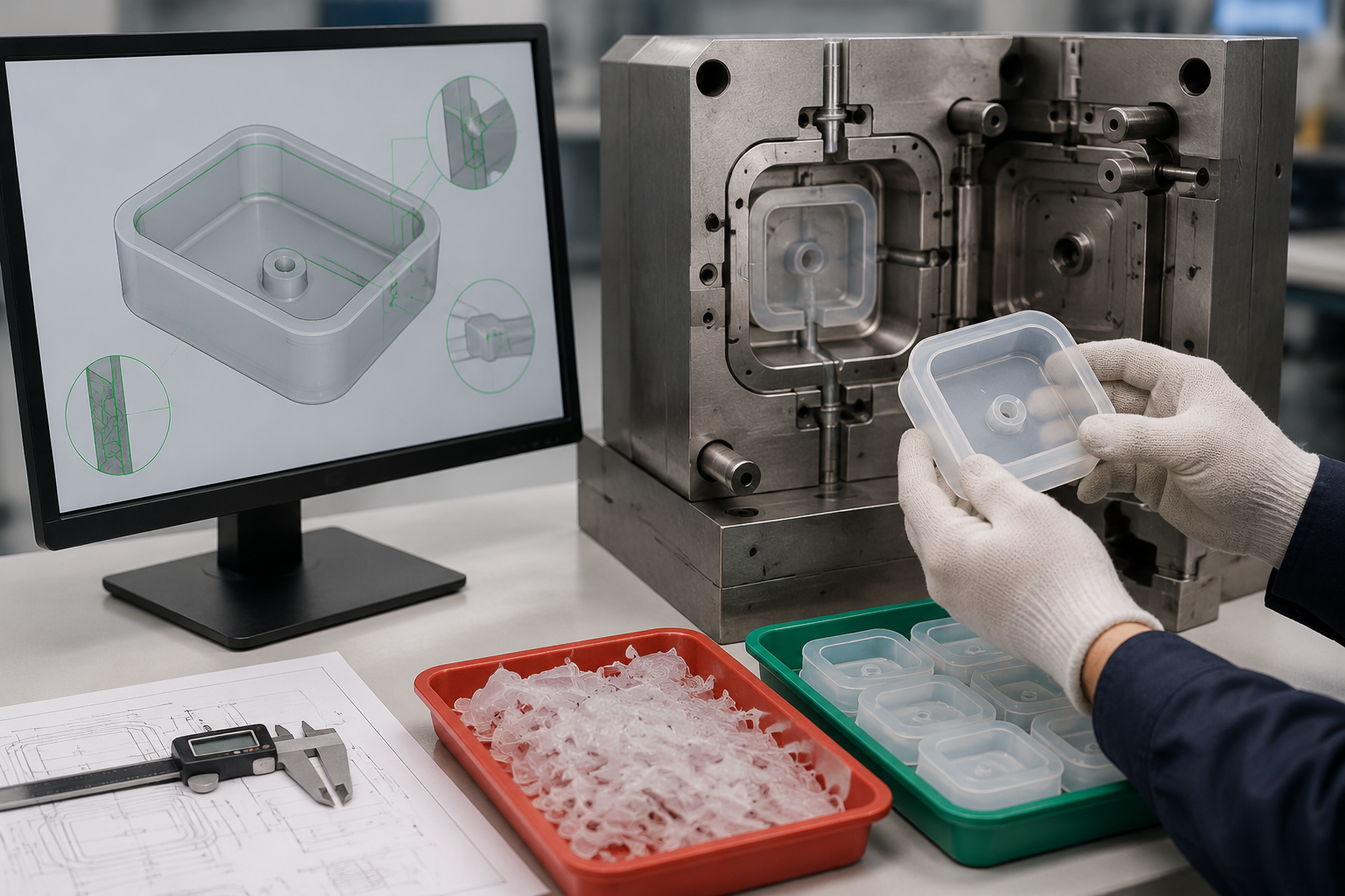 Commercial silicone injection molding cost reduction: engineer reviewing LSR mold design and molded silicone parts in a modern manufacturing facility