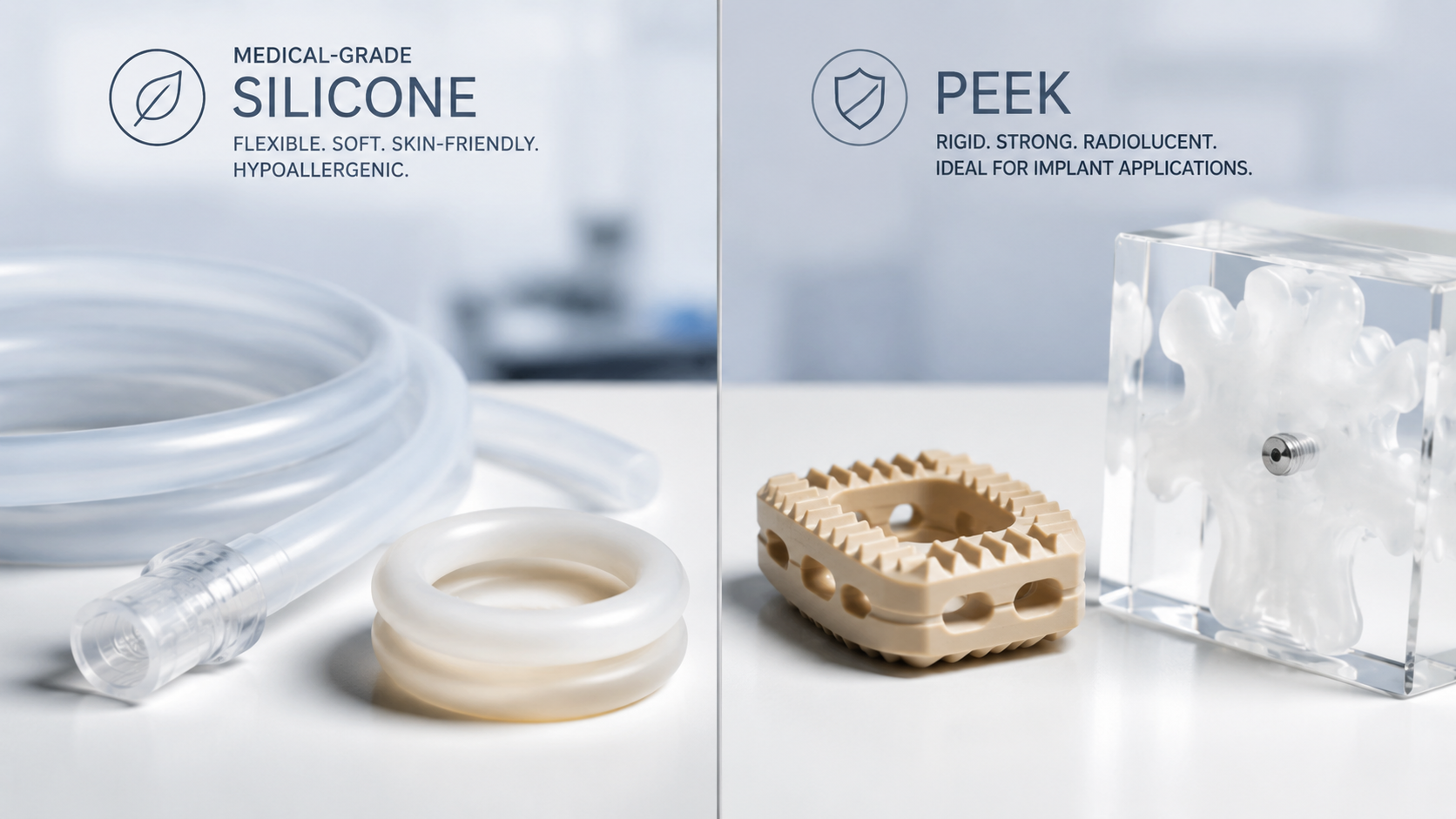 Biocompatible medical materials silicone for soft tissue contact and PEEK for orthopedic implants with bone-like stiffness and radiolucency concept