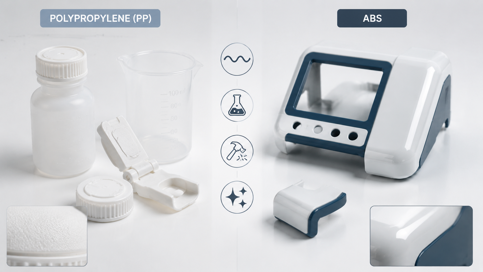 Polypropylene versus ABS for medical injection molding: chemical resistance and flexibility compared to impact strength and glossy rigid housings