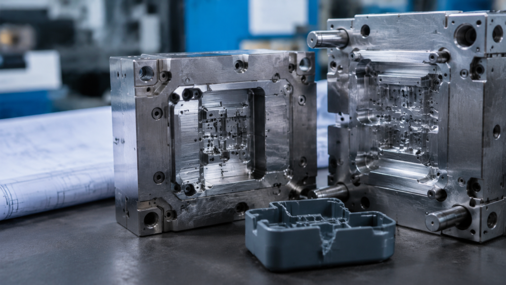 Professional editorial photo for manufacturing blog, injection molding factory context, close-up of precision steel injection mold halves on workbench with blue technical drawings blurred in background, small plastic part with visible defect sample beside mold, clean industrial lighting, shallow depth of field, realistic photography, no text, no logos, 16:9 composition, trustworthy B2B tone