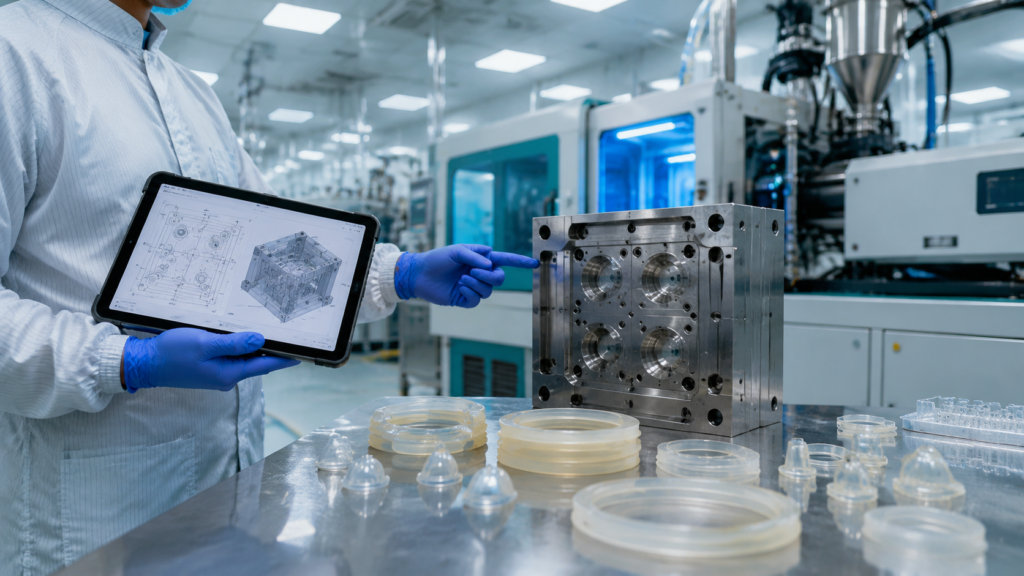 Design for manufacturability in silicone injection molding: cross-section of mold, parting line, draft angles, and silicone part to lower tooling and scrap costs
