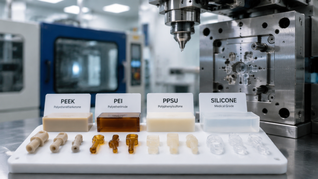 Medical injection molding materials comparison: PEEK, PPSU, PEI, and medical-grade silicone pellets and molded parts for biocompatible durable devices