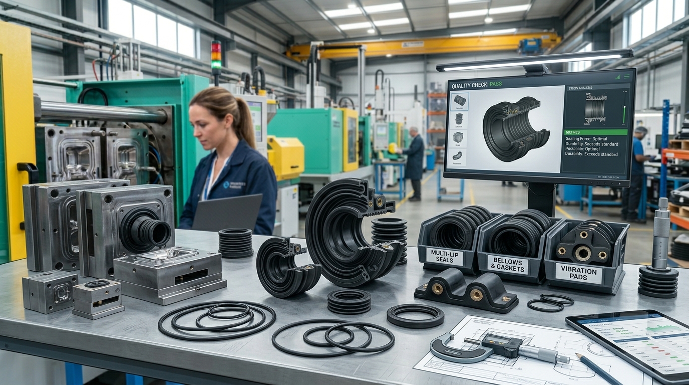 Rubber molding design flexibility for complex parts