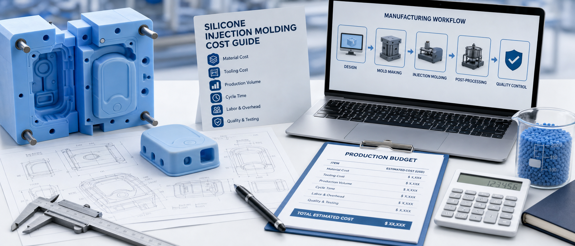 Silicone injection molding cost guide with mold, part design, and production budget concept