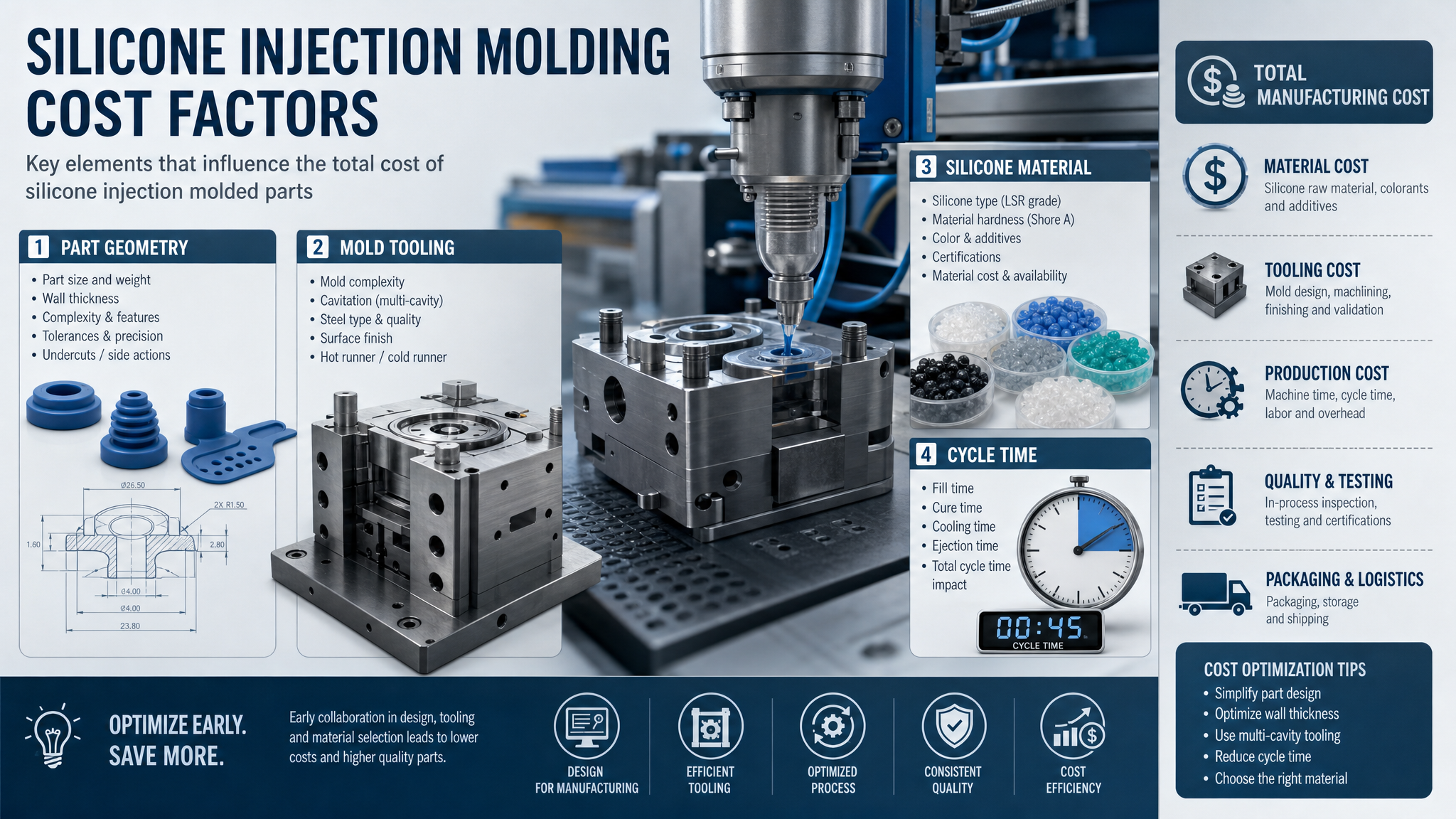Core cost factors in silicone injection molding including design complexity, mold tooling, material, and cycle time