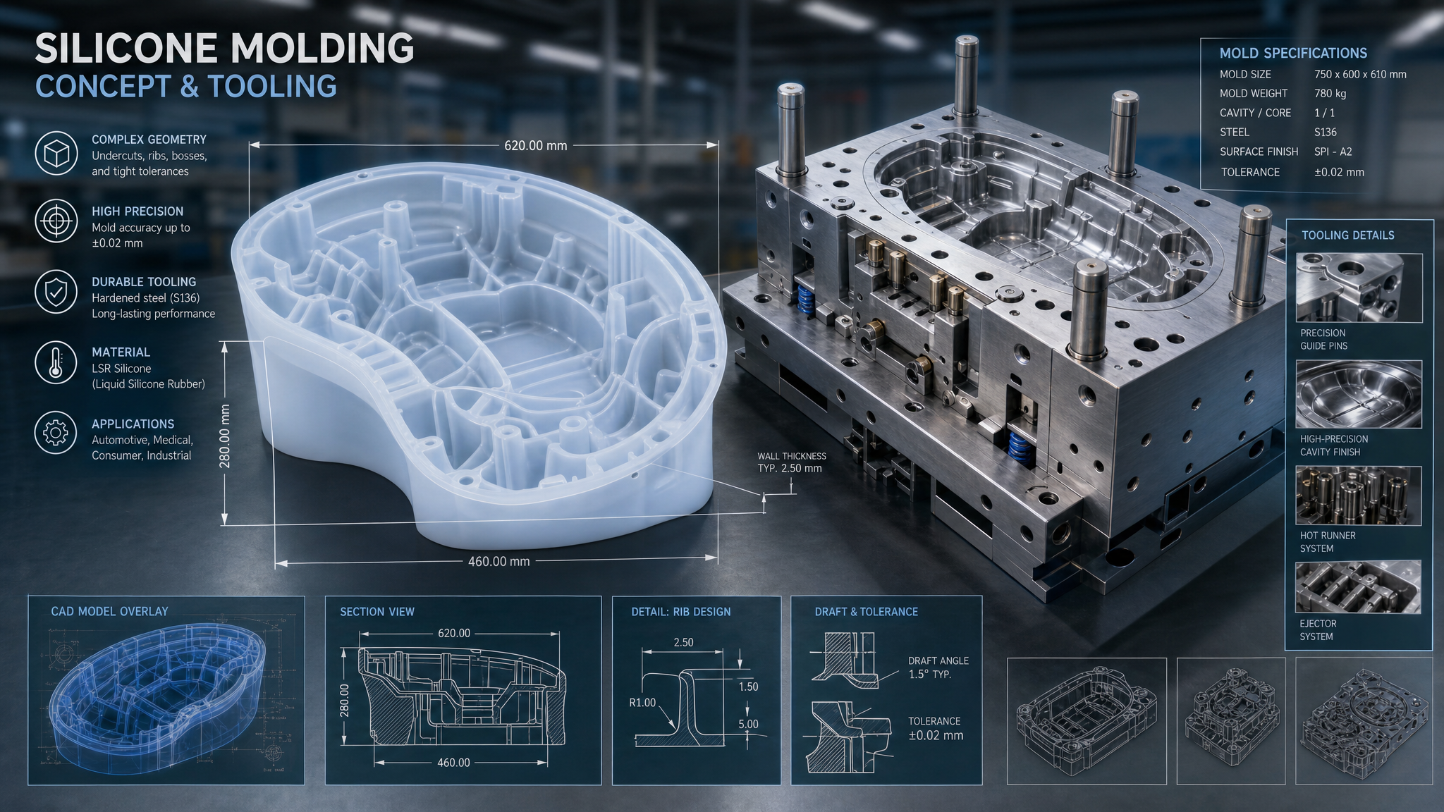 A detailed manufacturing concept image showing a large silicone part next to a complex mold assembly, CAD design overlays, dimensional arrows, technical sketches, and tooling precision details, industrial engineering style, realistic 3D render, clean workshop background, modern blue metallic tones, high detail, blog section illustration, wide composition