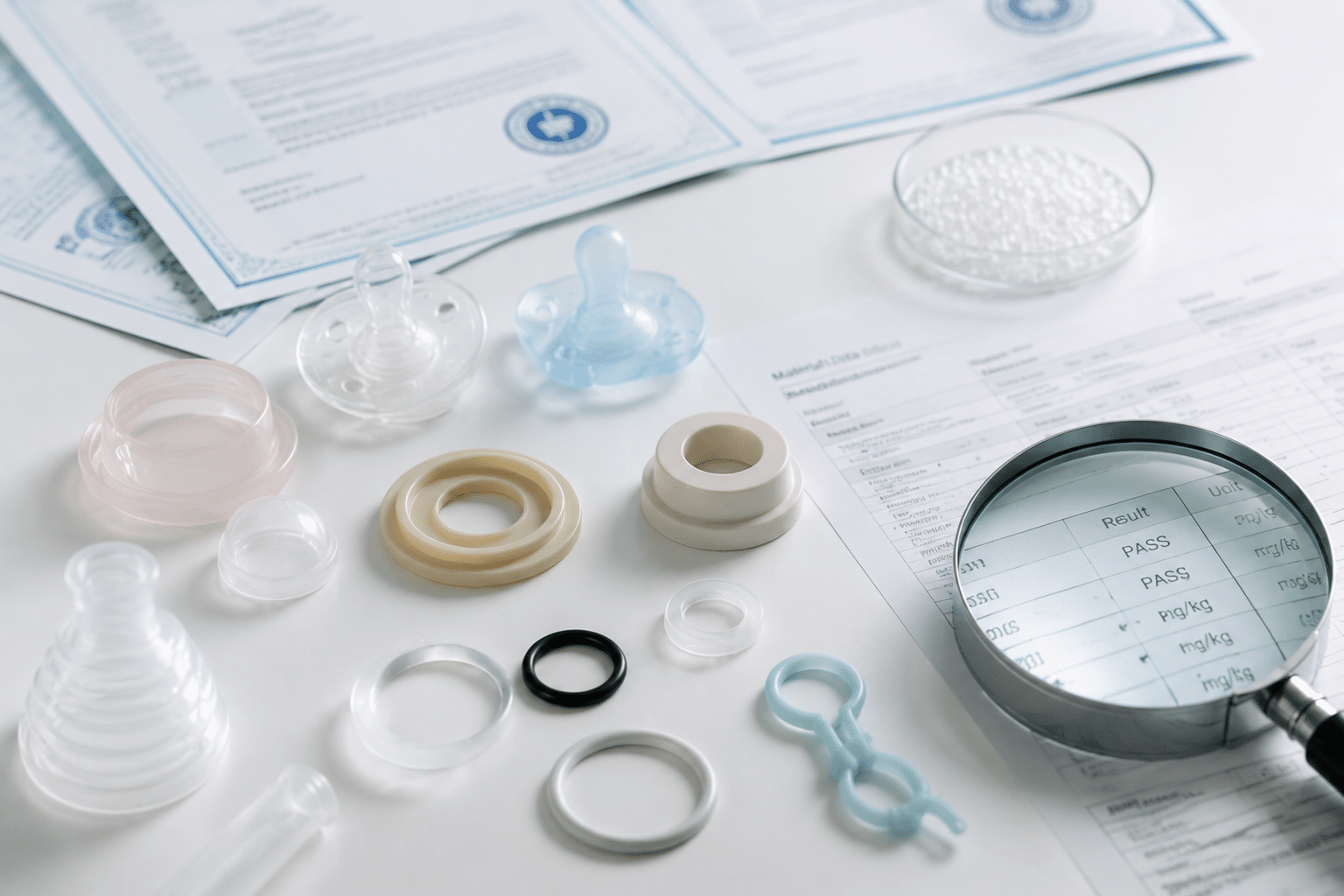 Cured silicone parts evaluated for food and medical safety compliance