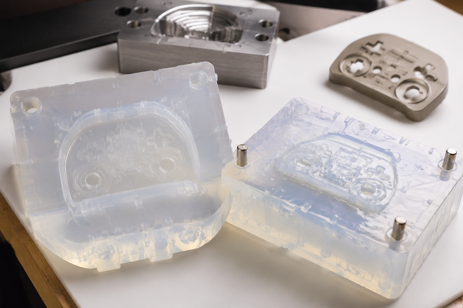 Open silicone mold with cavity detail used as bridge tooling between design and hard mold production
