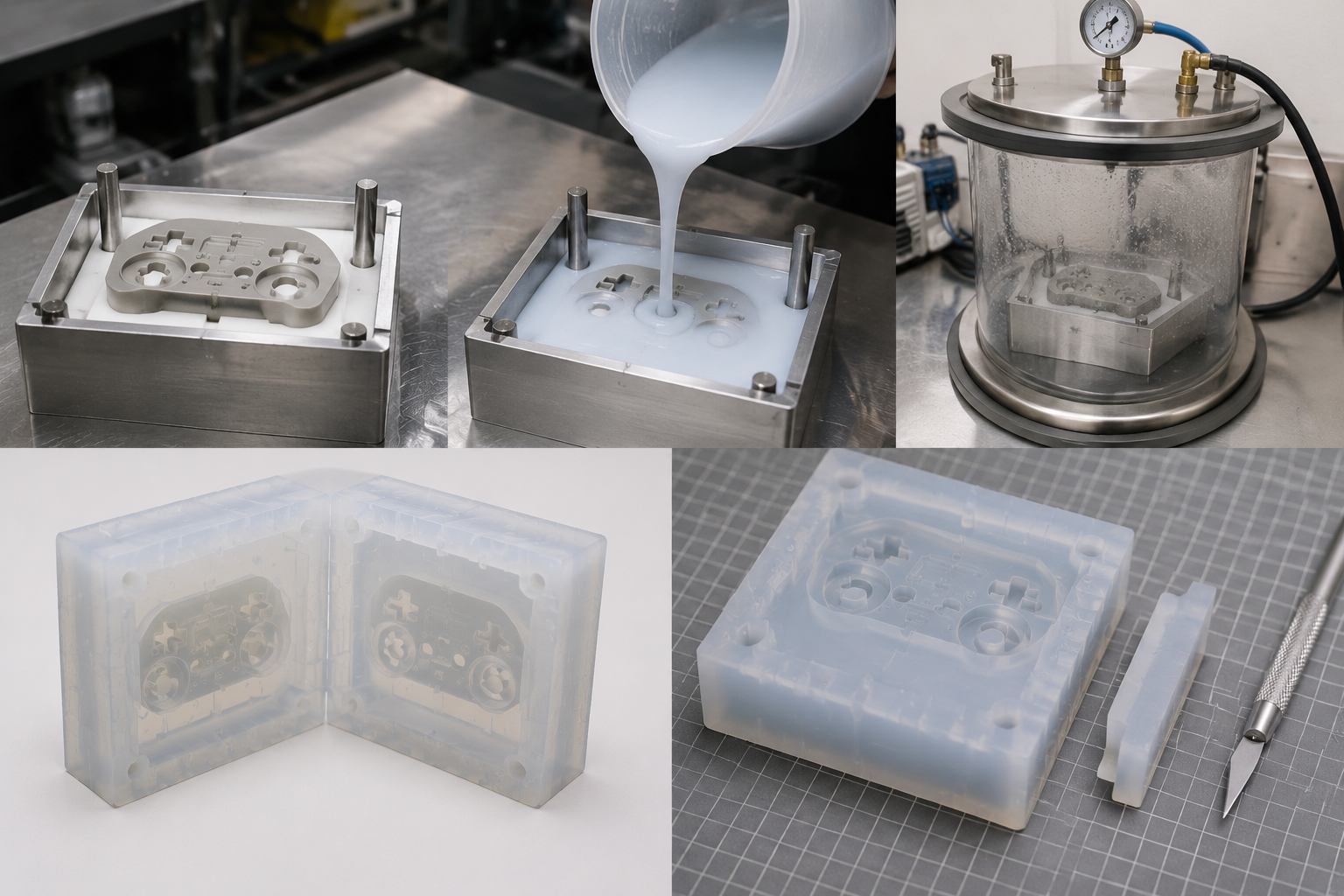Liquid silicone poured over a master pattern during RTV mold manufacturing and curing process