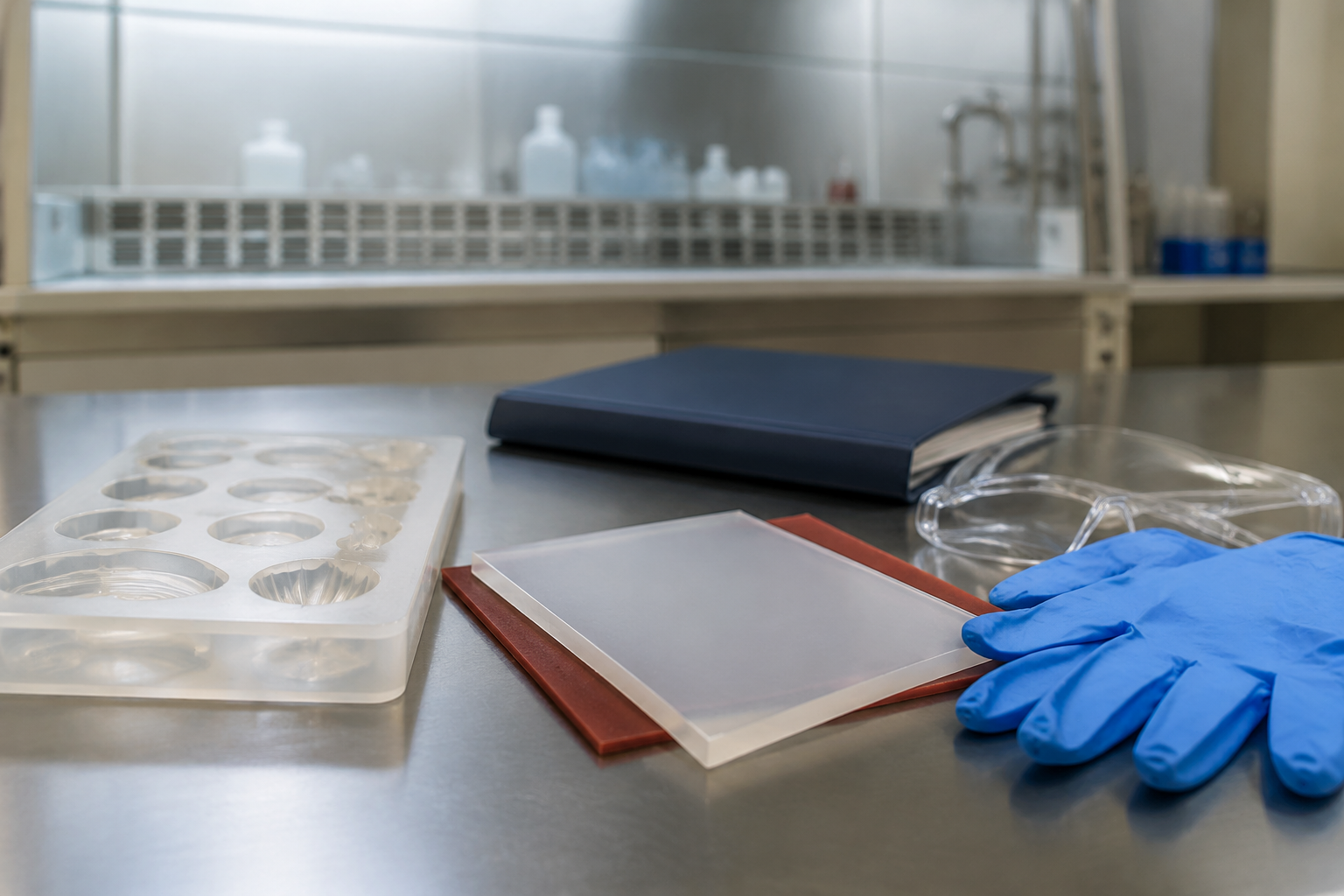 Food-grade and industrial silicone molds with PPE showing safe handling during mixing casting and cured mold use