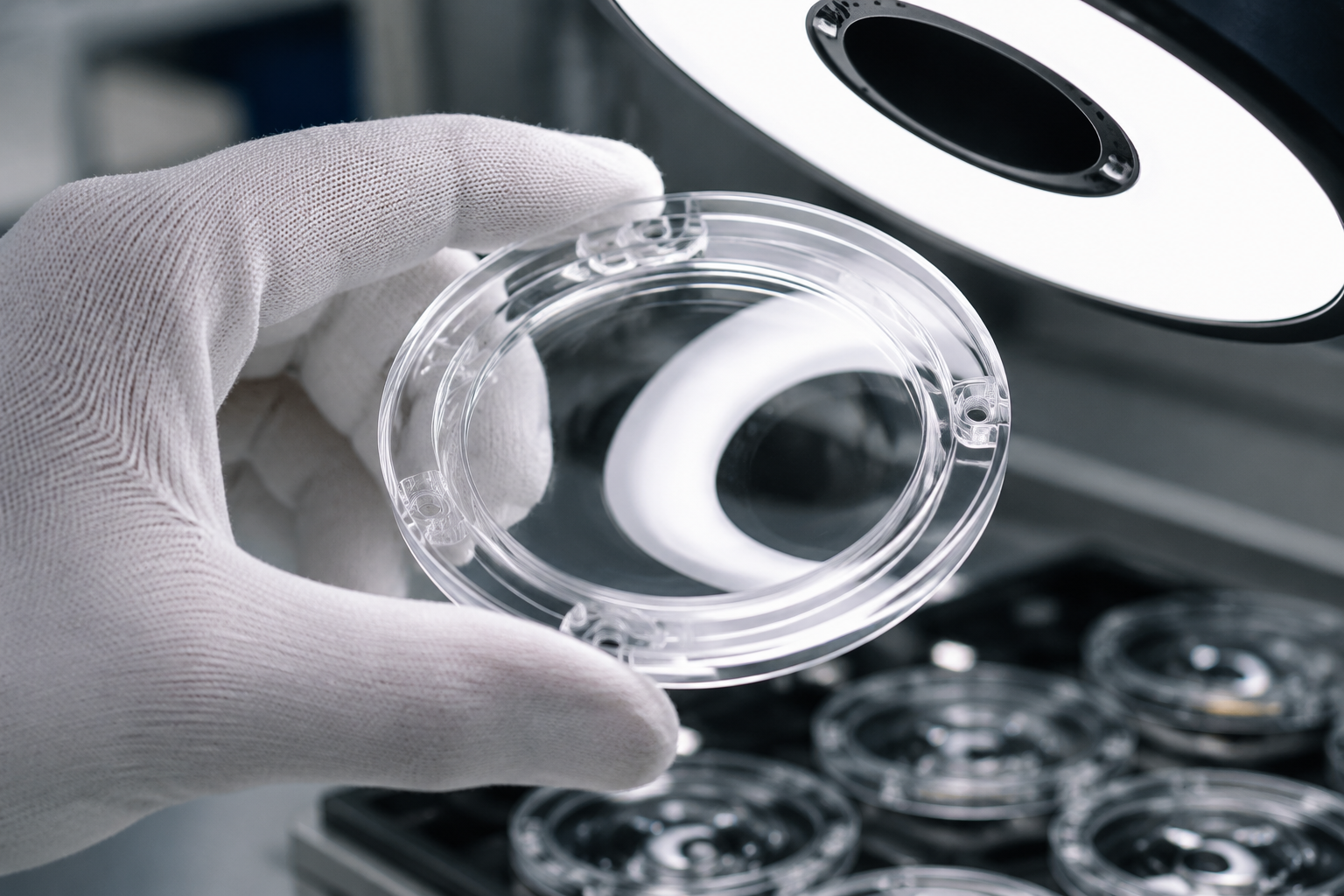 Inspecting surface finish quality of a plastic part.