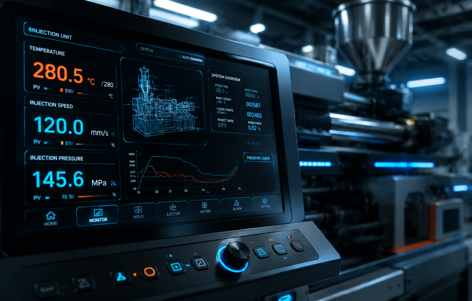 Injection molding machine control panel settings.