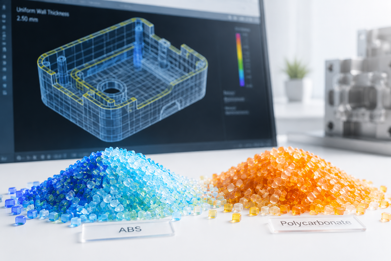 Resin pellets and CAD design for injection molding.
