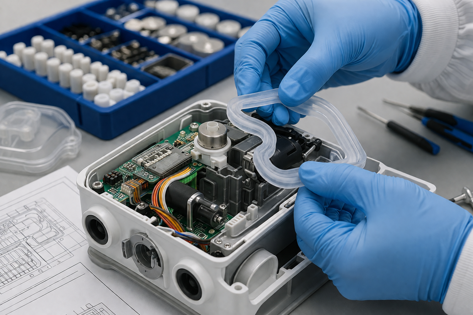 Complete electromechanical assembly involving custom medical LSR seals