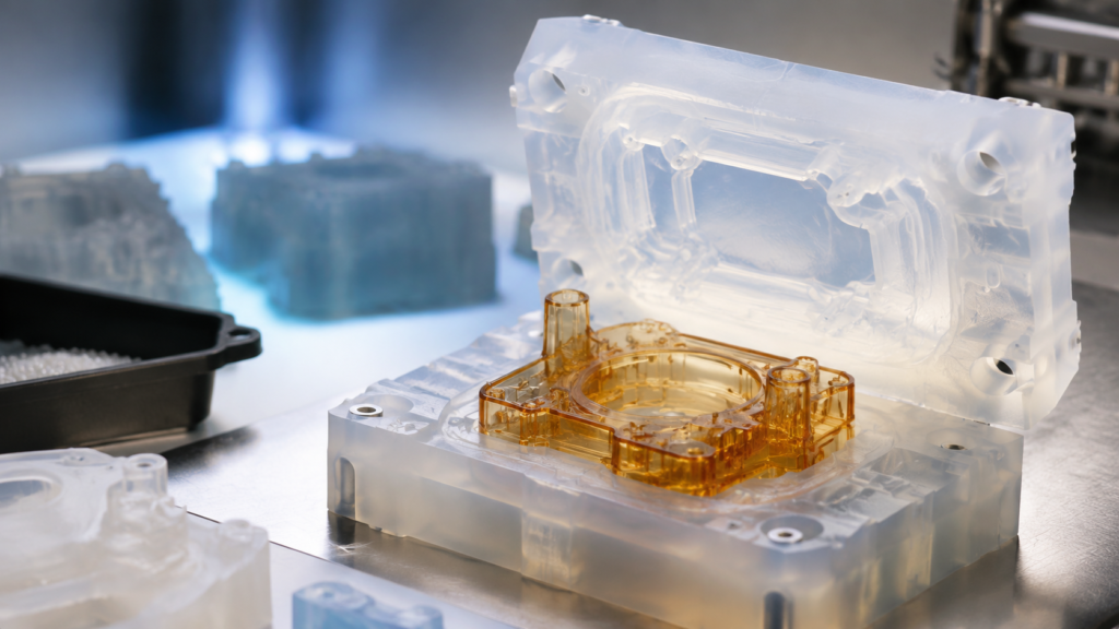 Flexible silicone mold demolding a cast resin prototype part in a manufacturing validation workflow