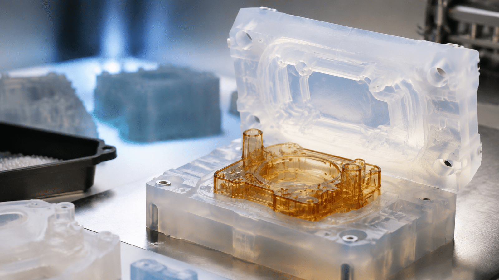 Flexible silicone mold demolding a cast resin prototype part in a manufacturing validation workflow