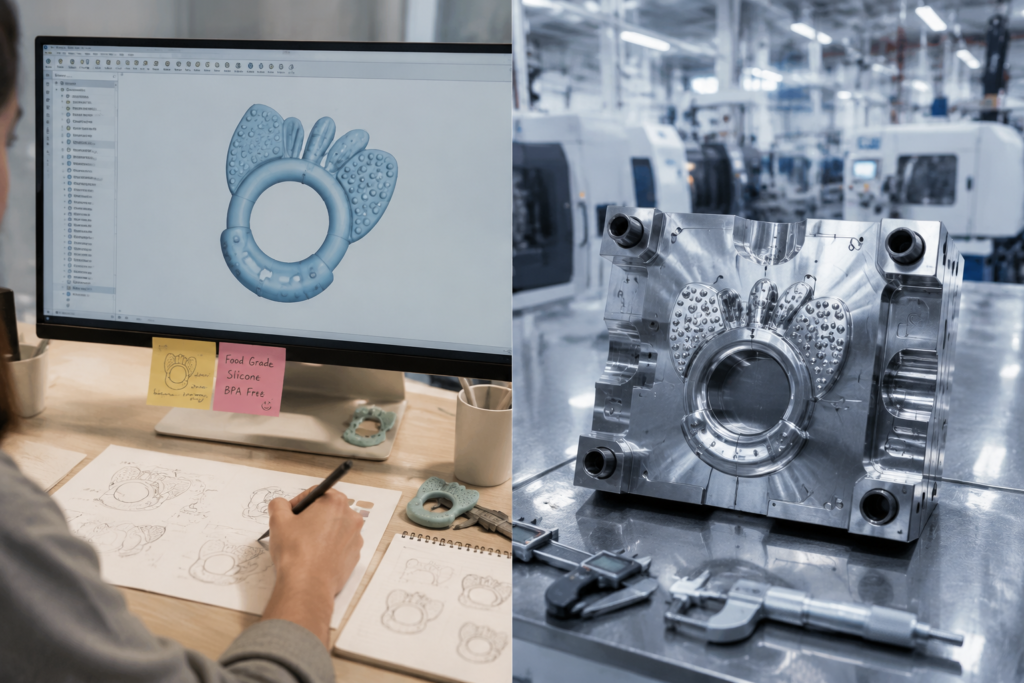 Custom silicone baby product design blueprint and high-precision steel mold in factory