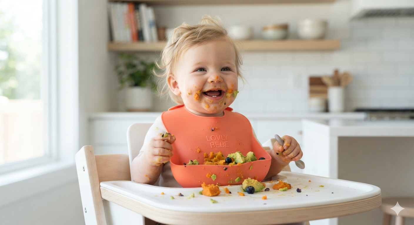 Happy Baby Wearing a Bright Silicone Baby Bib While Eating in a High Chair