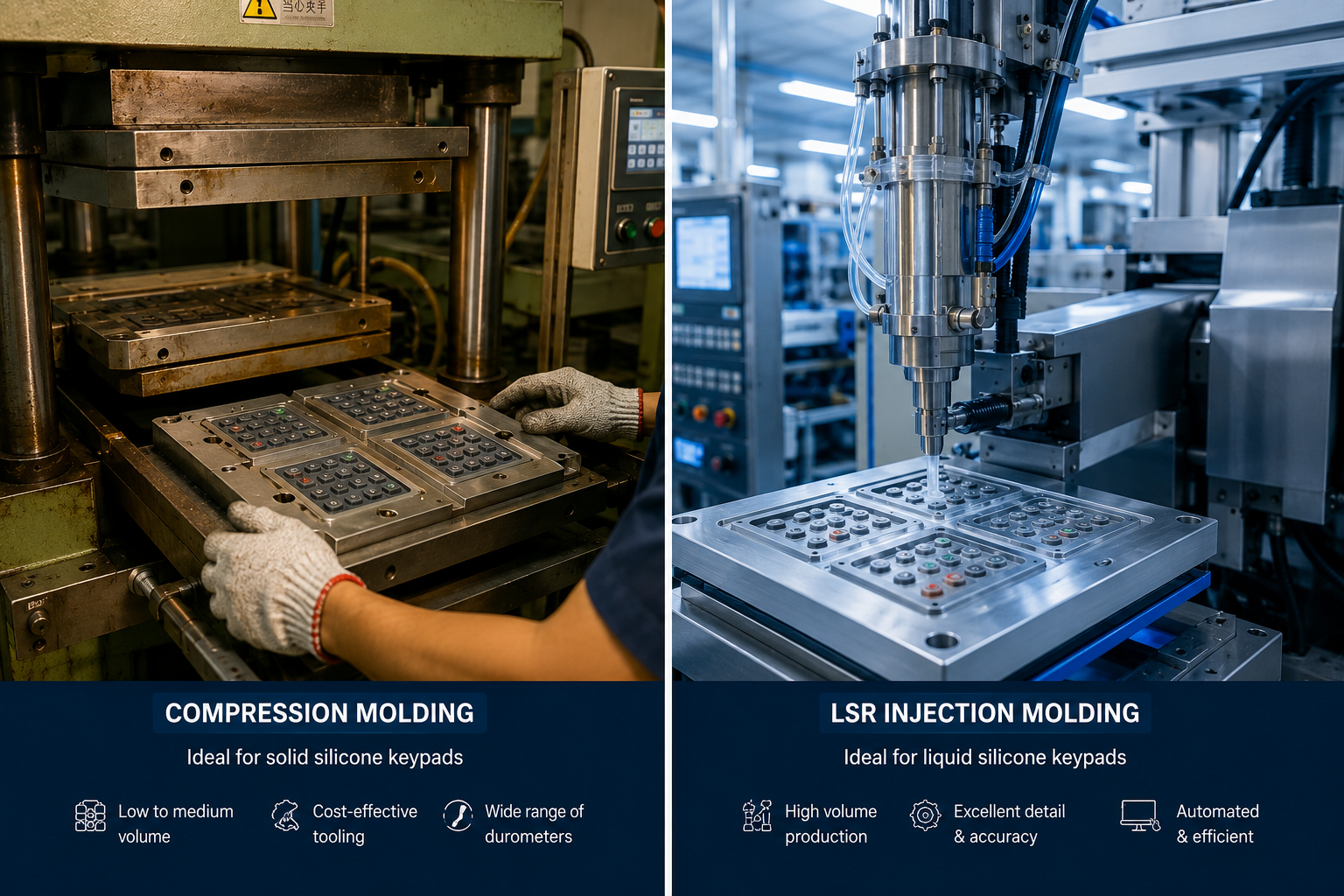 Silicone keypad compression molding and LSR injection manufacturing process