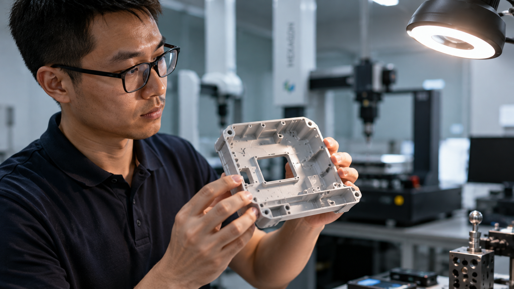 Product engineer inspecting custom manufactured plastic and metal prototypes in a high-tech lab