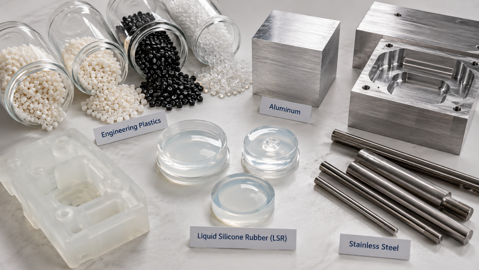 Assortment of raw engineering plastics, metals, and silicone materials for rapid prototyping