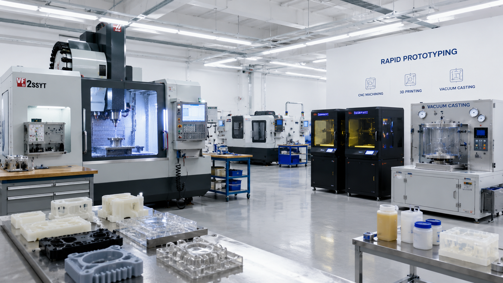 Modern manufacturing equipment including CNC milling machines and industrial 3D printers