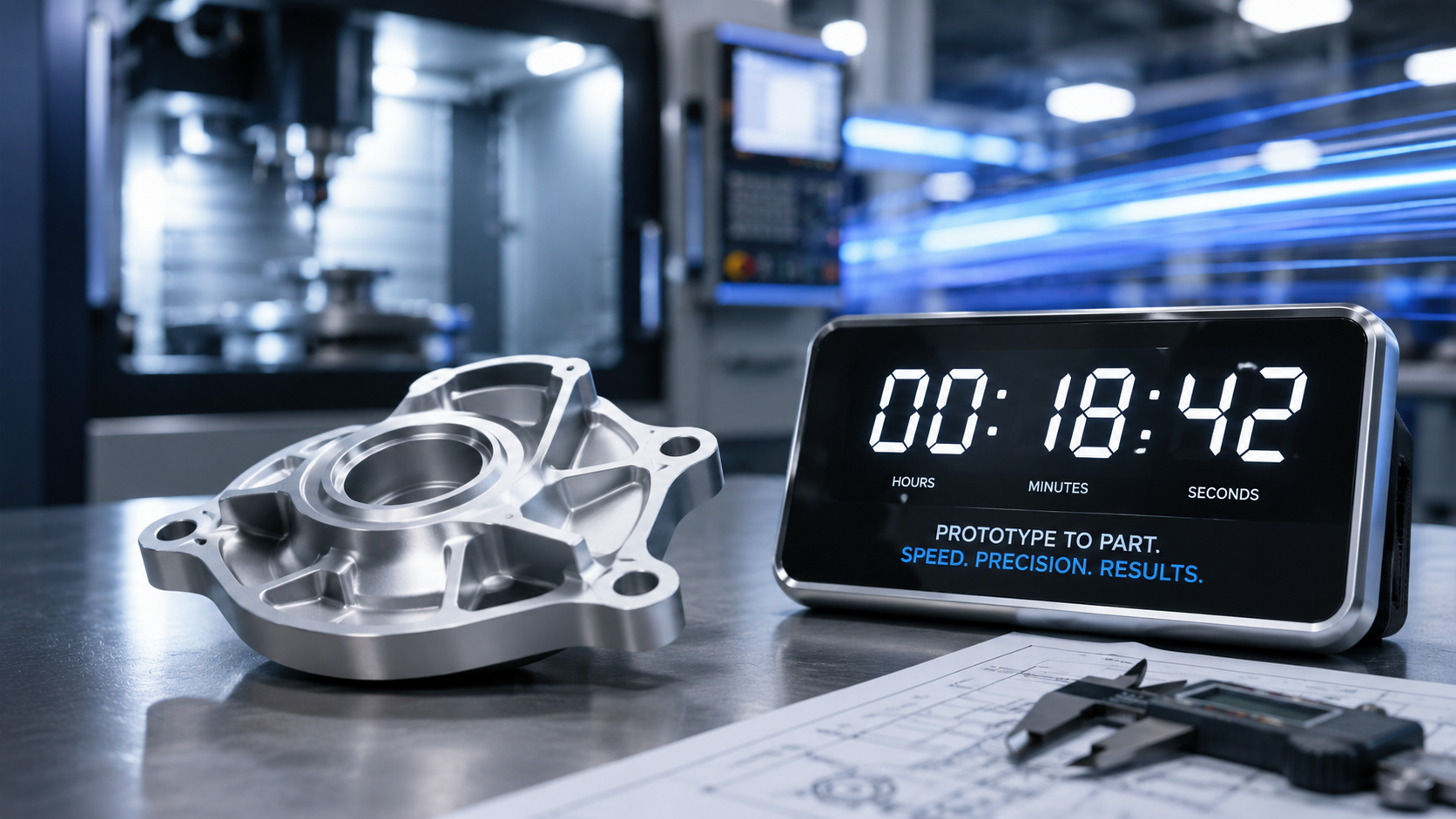 Fast shipping box next to high-speed CNC machine representing quick prototype lead time