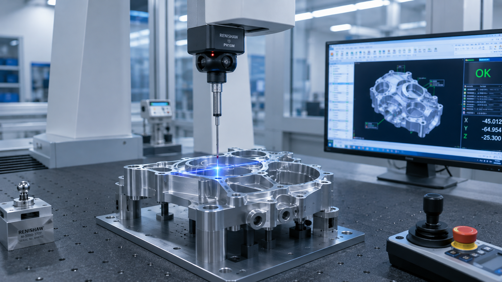 Coordinate Measuring Machine checking precision tolerances of a machined metal prototype