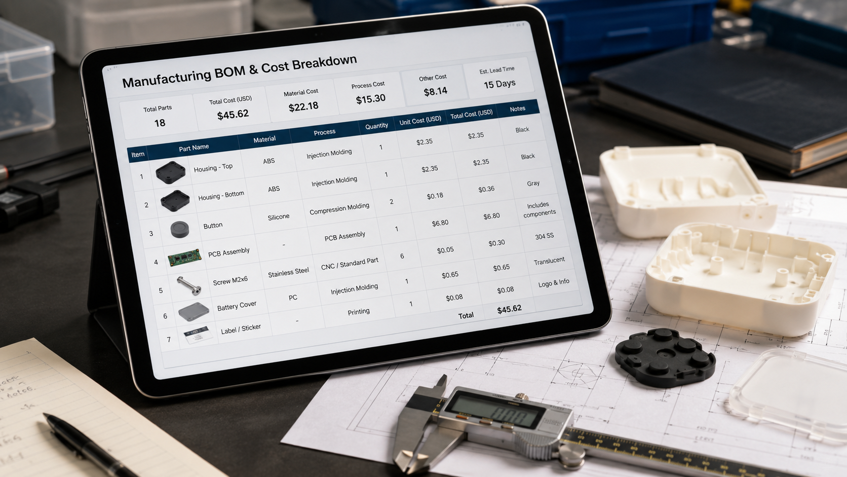 Transparent cost breakdown digital invoice on tablet next to finished custom prototype