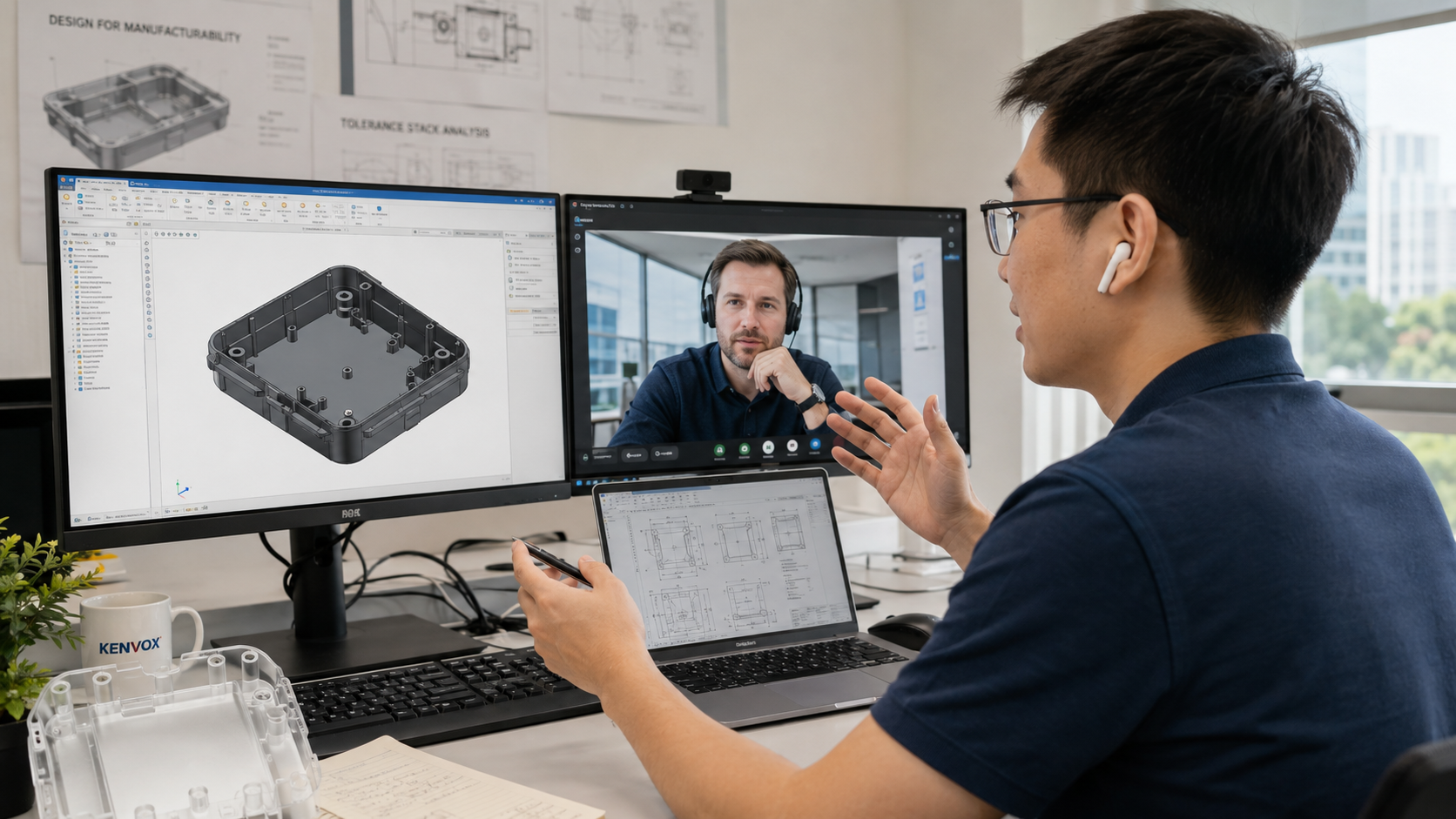 Manufacturing engineer hosting an online technical video conference for CAD DFM review