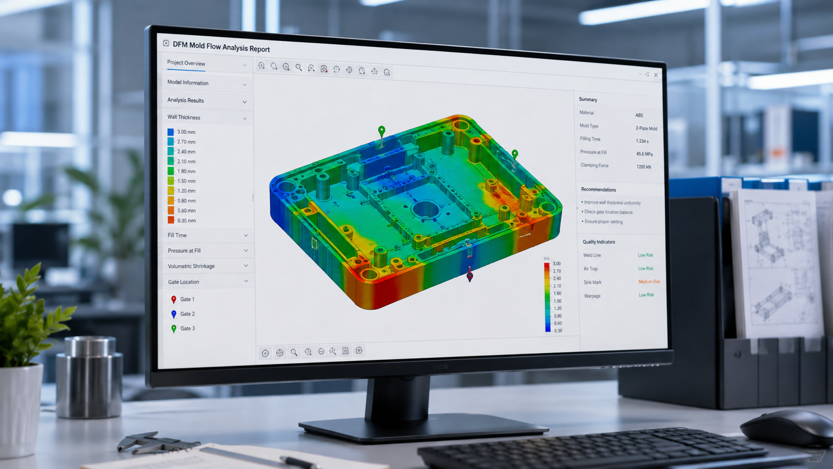 Design for Manufacturability DFM software analysis highlighting mold flow and draft angles