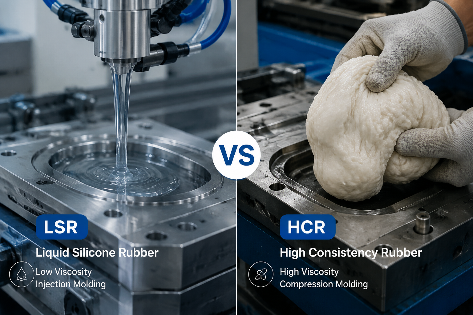 Side-by-side comparison of Liquid Silicone Rubber (LSR) and High Consistency Rubber (HCR) processing
