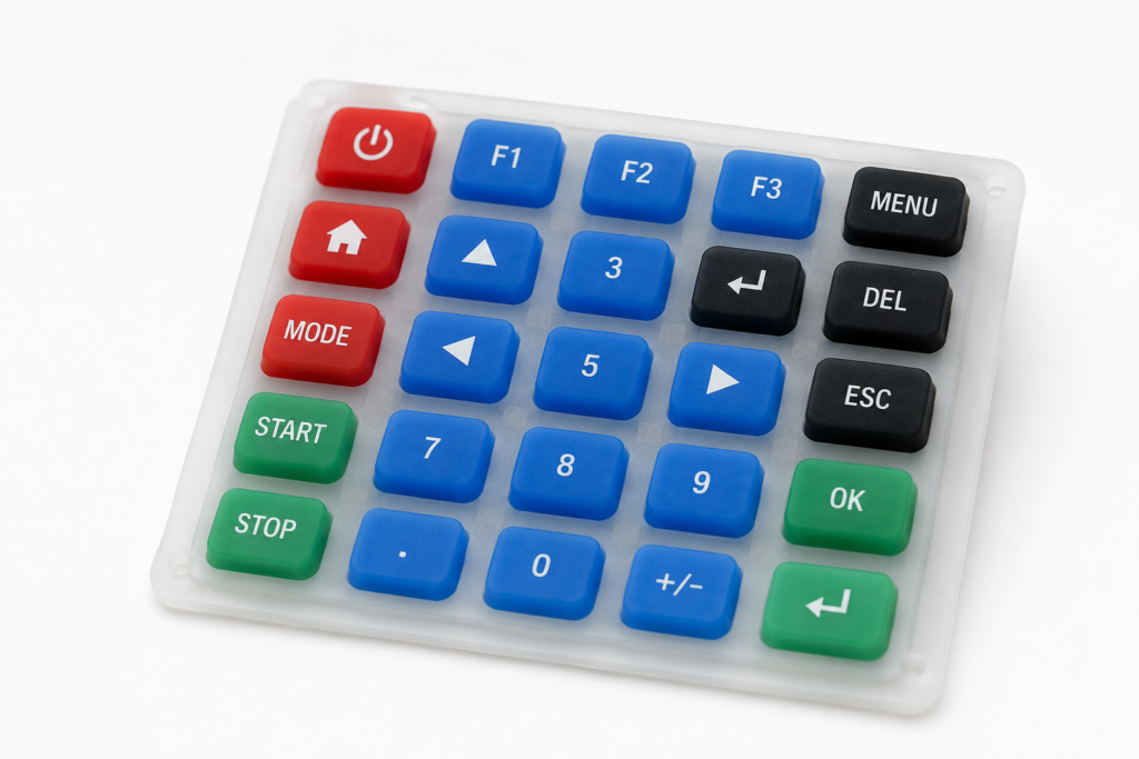 Custom silicone keypad with colorful buttons on a clean white background
