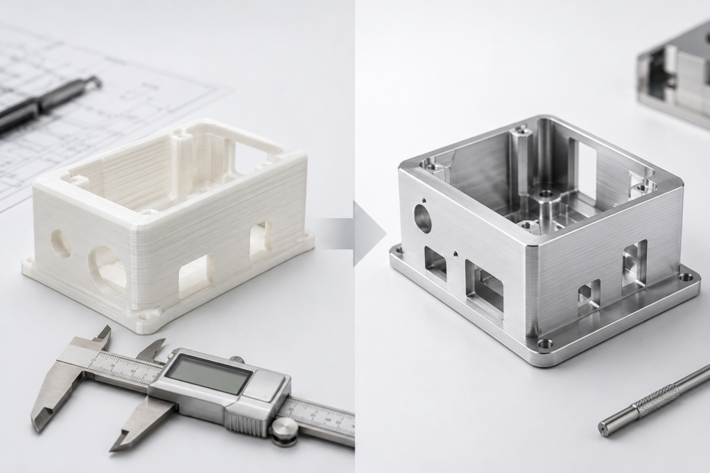 3D-printed FDM prototype enclosure compared side-by-side with CNC-machined aluminum enclosure on a clean workbench, illustrating the differences between rapid prototyping methods for product development