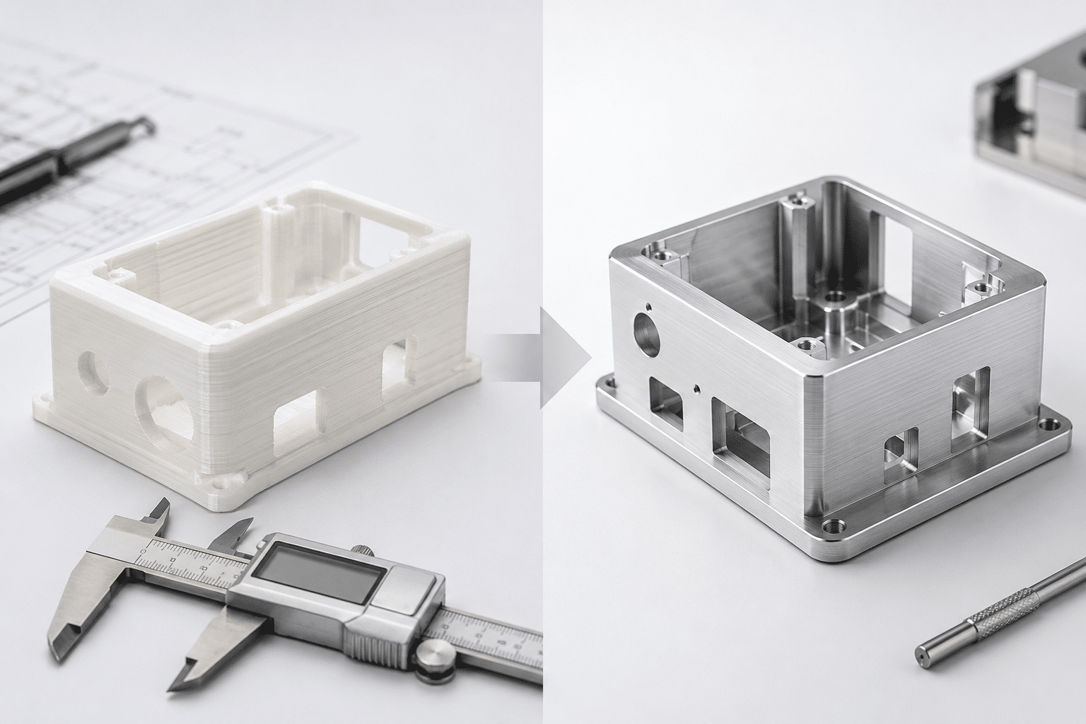 3D-printed FDM prototype enclosure compared side-by-side with CNC-machined aluminum enclosure on a clean workbench, illustrating the differences between rapid prototyping methods for product development