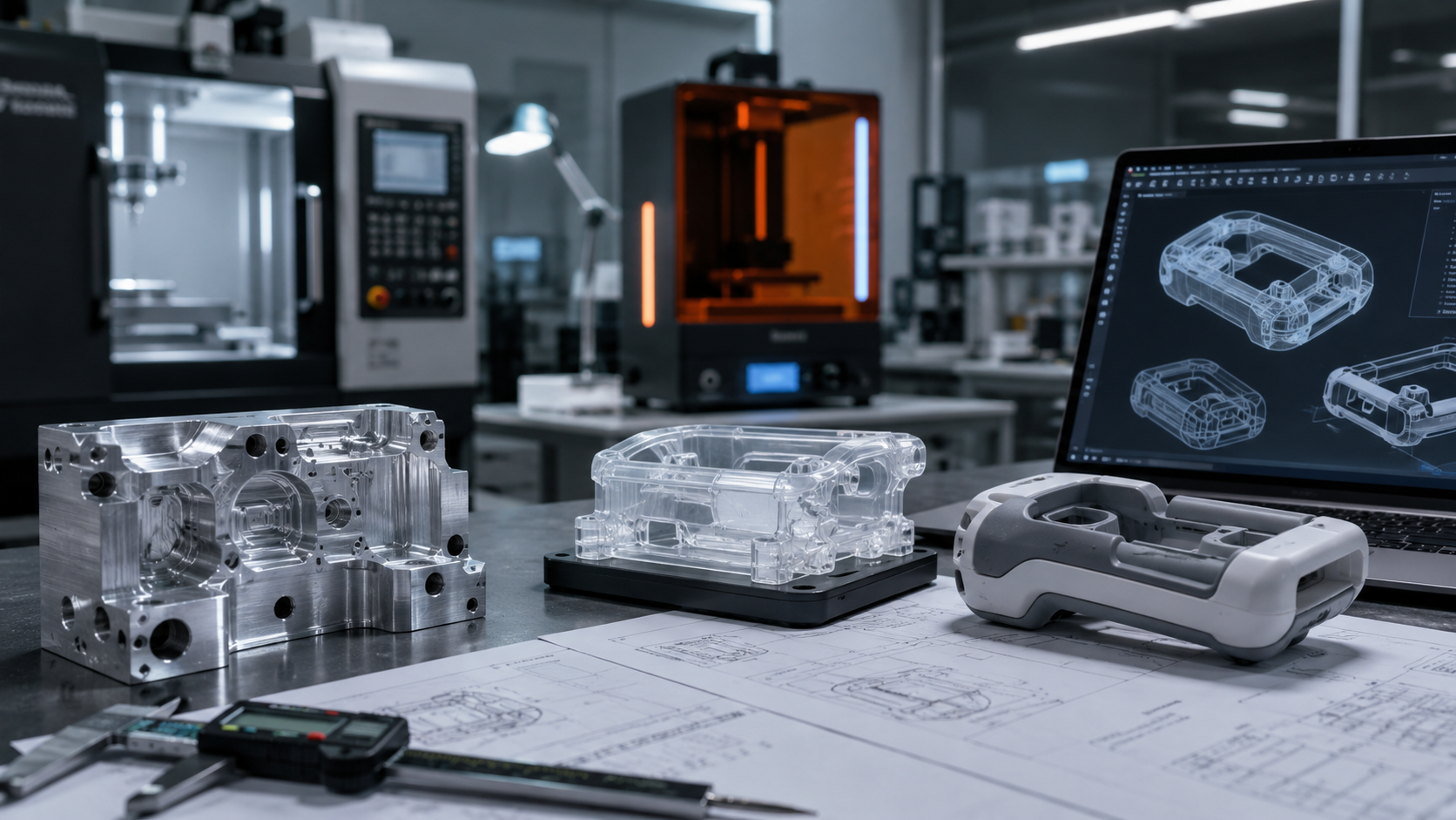 Rapid prototyping process showing CNC machining, 3D printing, and custom plastic mold components